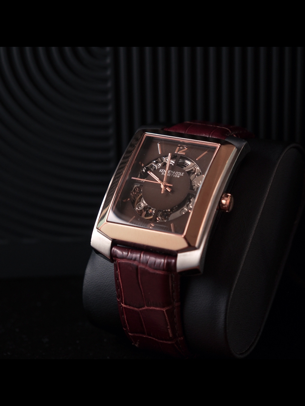 Kenneth Cole New York KC1454 Automatic Skeleton Watch Rose Gold Brown Leather